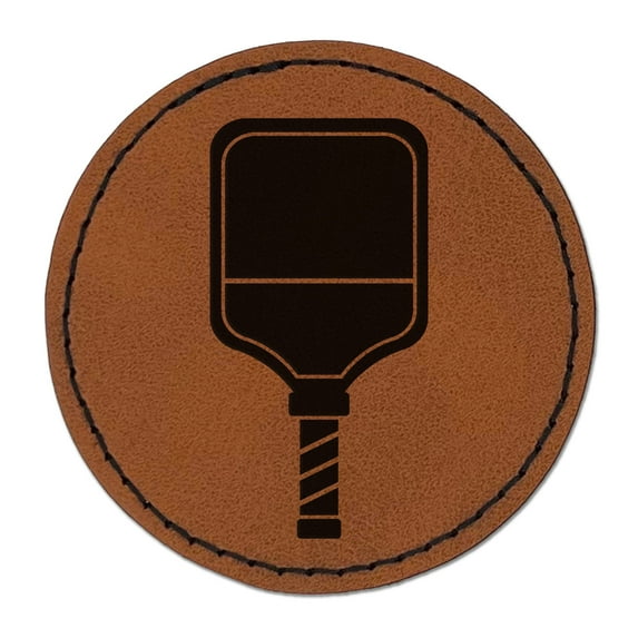 Pickleball Paddle 2.5" Faux Leather Round Engraved Iron-On Patch - Brown