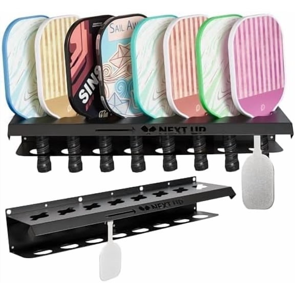 Pickleball Paddle Rack Holds 8 Paddles at a 45-Degree Angle Making All Paddles Visible, With Slider Paddle Marker to Track Next Up Players, Fence or Wall Mount, Steel, Black$$Sport & Recreation Other