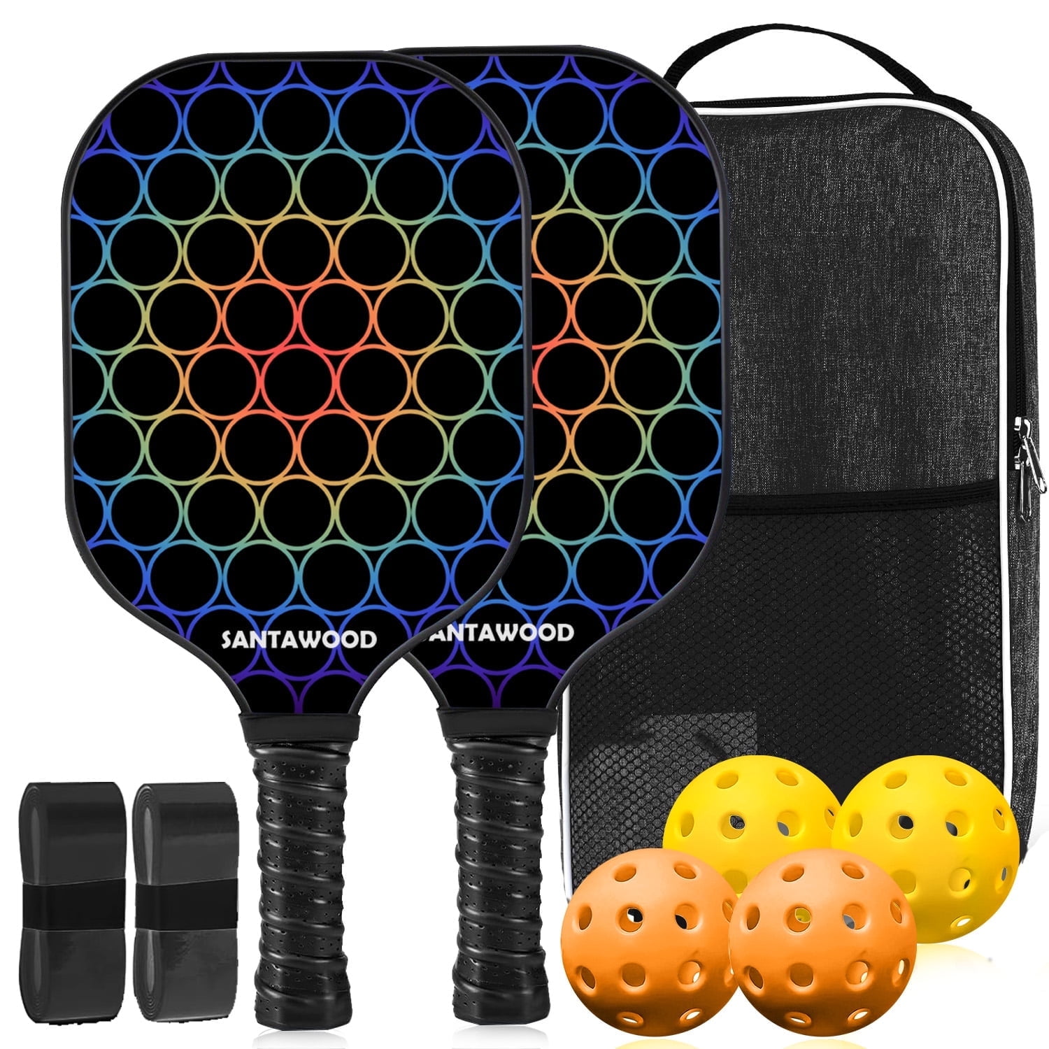 Pickleball Paddle Set of 2 - Lightweight Fiberglass Pickleball Paddles with 4 Balls, Carry Bag and Grip Tapes, Durable Pickleball Rackets for Beginners and Families