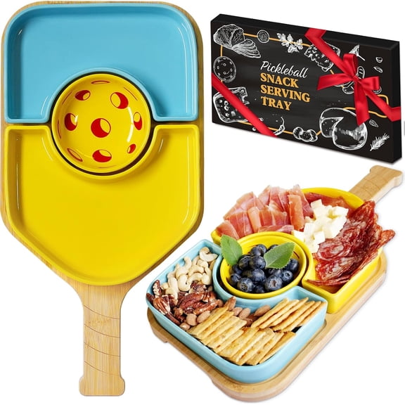 Pickleball Paddle Snack Tray Set, Ceramic Serving Plates with Bamboo Charcuterie Board, Paddle Appetizer Platter for Parties, Unique Pickleball Gifts for Father's Day