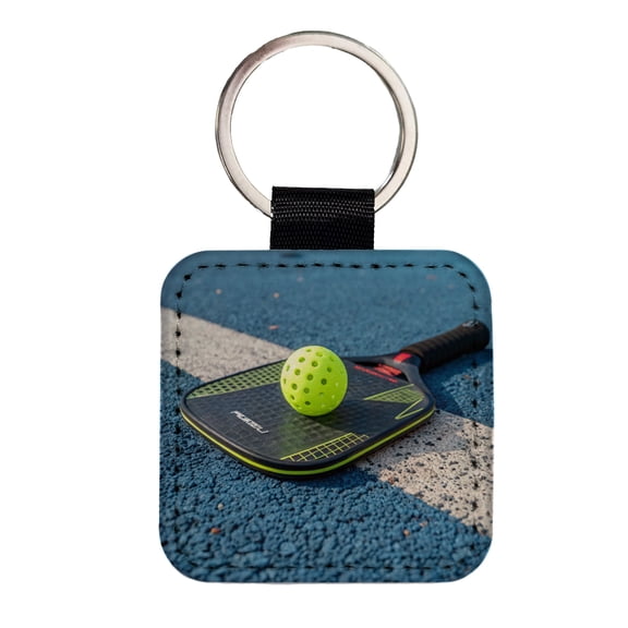 Pickleball Paddle and Ball on Court Faux Leather Square Keychain