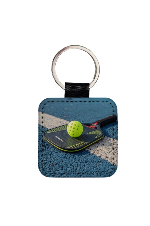 Pickleball Paddle and Ball on Court Faux Leather Square Keychain