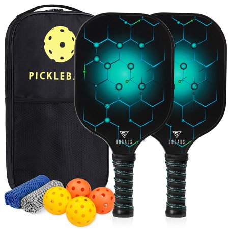 Pickleball Paddles Set of 2, Carbon Fiber Surface (CHS)Pickleball Paddles, Anti-Slip Sweat-Absorbing Grip, 0.5IN Thicker Polypropylene Core,4 Pickleball, Portable Carry Bag