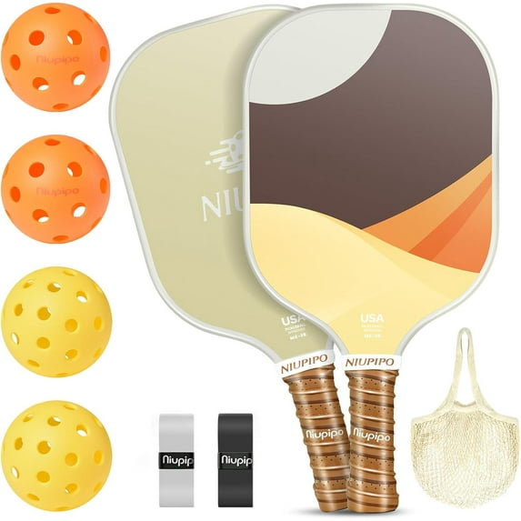 Pickleball Paddles Set of 2, Fiberglass Surface Pickleball Set, Lightweight Pickle Ball Rackets 2 Pack w/ 2 Indoor & 2 Outdoor Pickleball Balls and 1 Bag, Pickle Ball Paddle Set for Men, Women