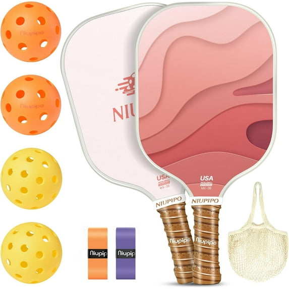 Pickleball Paddles Set of 2, Fiberglass Surface Pickleball Set, Lightweight Pickle Ball Rackets 2 Pack w/ 2 Indoor & 2 Outdoor Pickleball Balls and 1 Bag, Pickle Ball Paddle Set for Men, Women