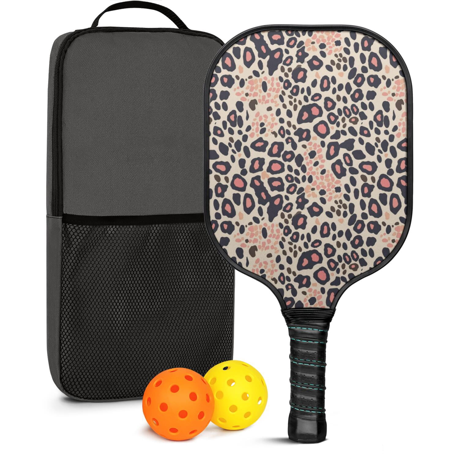 Pickleball Paddles Set Of 1, Fiberglass Surface, Animal, Leopard Print, 1 Paddle, 2 Balls & Bag