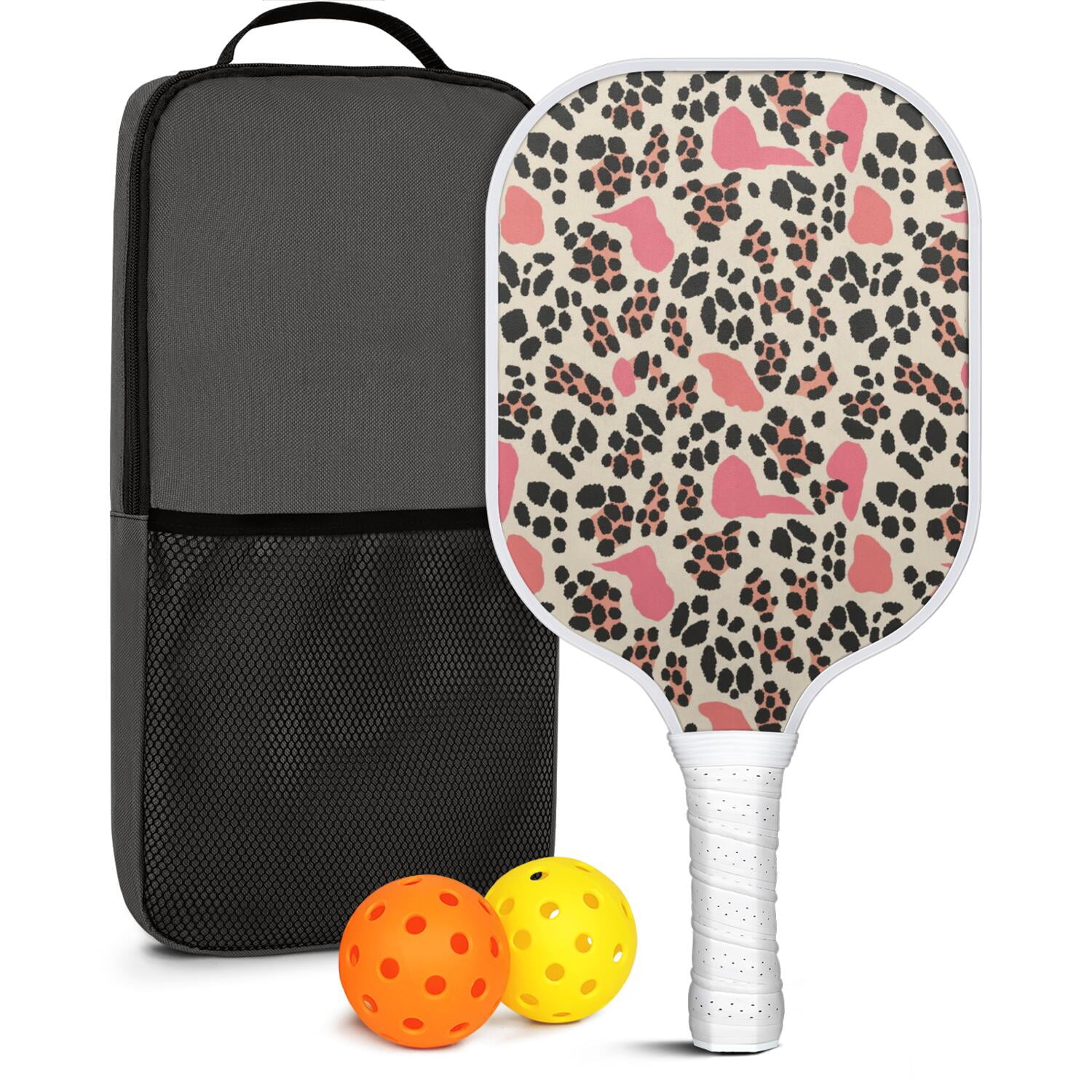 Pickleball Paddles Set Of 1, Fiberglass Surface, Animal, Leopard Print, 1 Paddle, 2 Balls & Bag