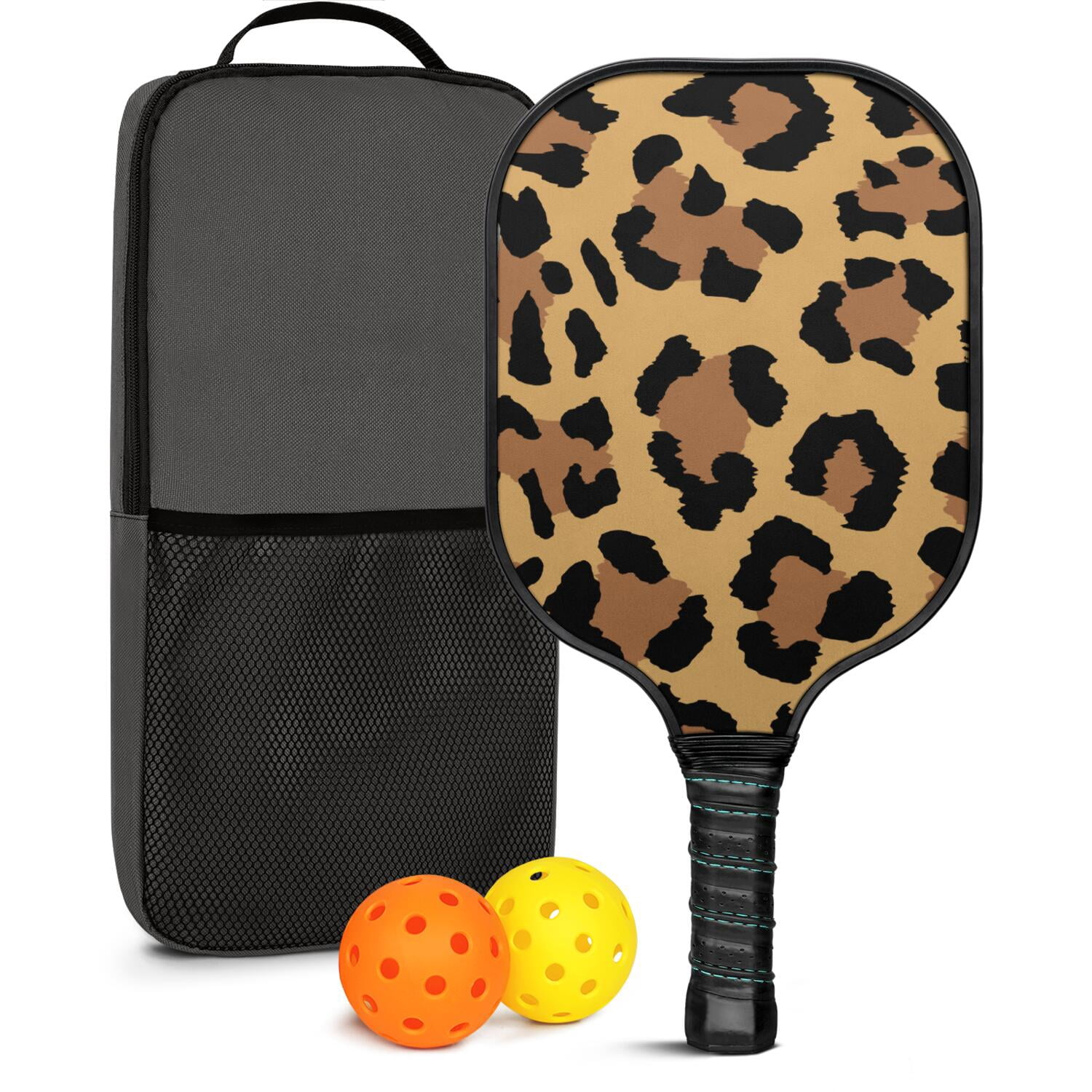 Pickleball Paddles Set Of 1, Fiberglass Surface, Animal, Leopard Print, 1 Paddle, 2 Balls & Bag