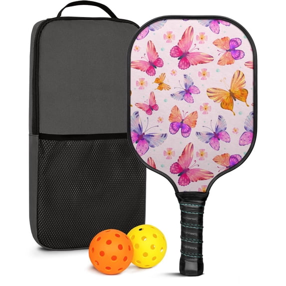 Pickleball Paddles Set Of 1, Fiberglass Surface, Boho Butterfly Decor, 1 Paddle, 2 Balls & Bag