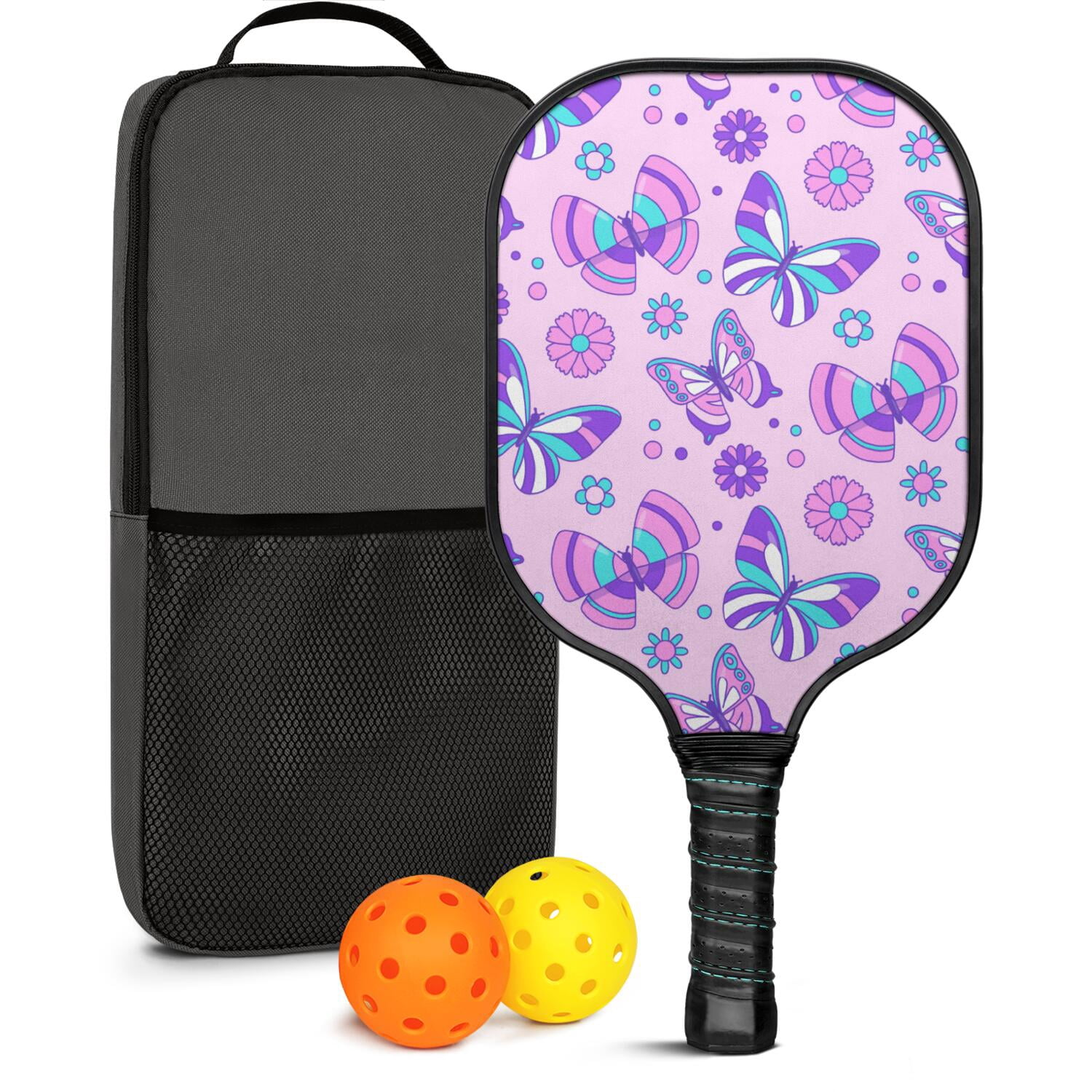 Pickleball Paddles Set Of 1, Fiberglass Surface, Boho Butterfly Decor, 1 Paddle, 2 Balls & Bag