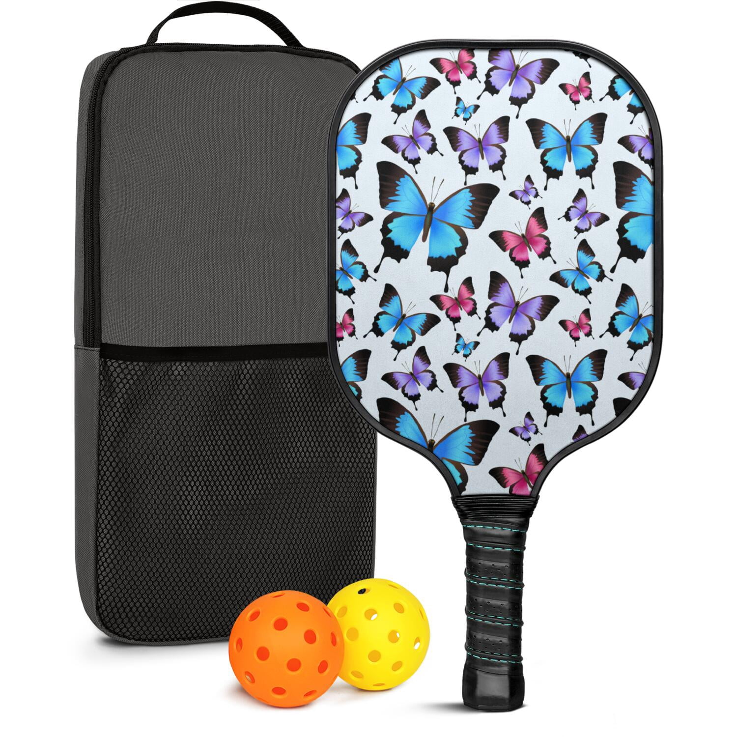 Pickleball Paddles Set Of 1, Fiberglass Surface, Boho Butterfly Decor, 1 Paddle, 2 Balls & Bag