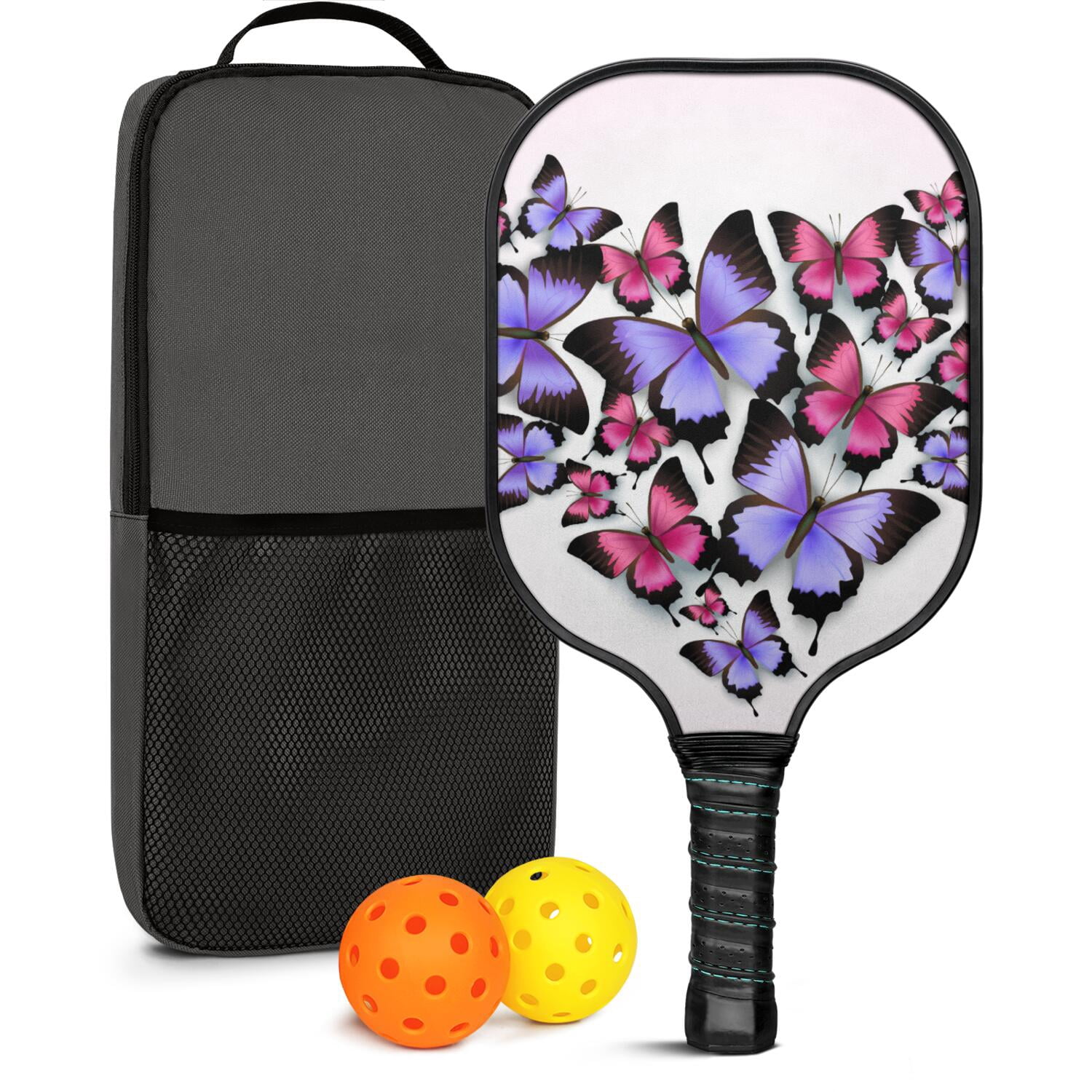 Pickleball Paddles Set Of 1, Fiberglass Surface, Boho Butterfly Decor, 1 Paddle, 2 Balls & Bag