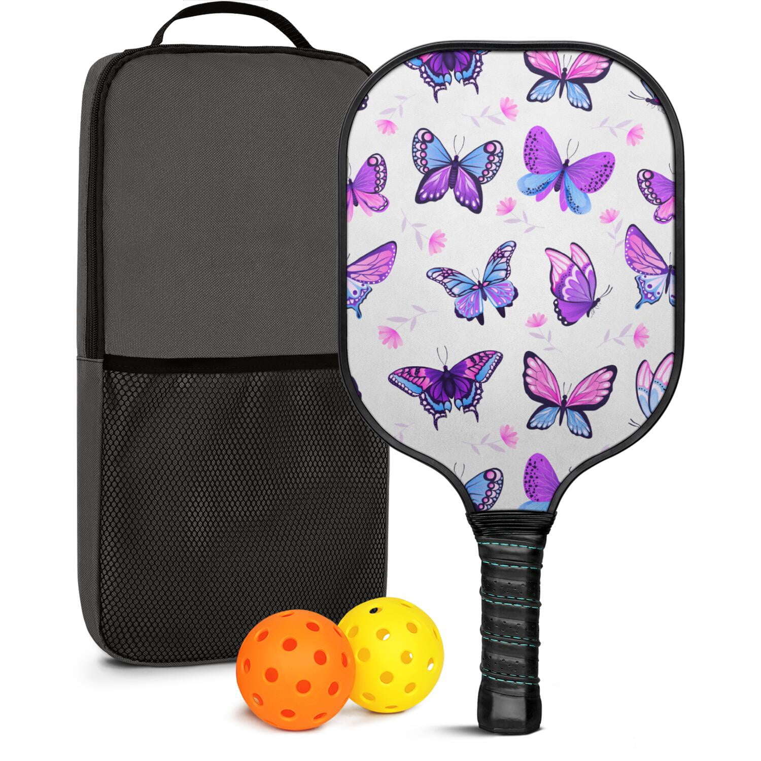 Pickleball Paddles Set Of 1, Fiberglass Surface, Boho Butterfly Decor, 1 Paddle, 2 Balls & Bag