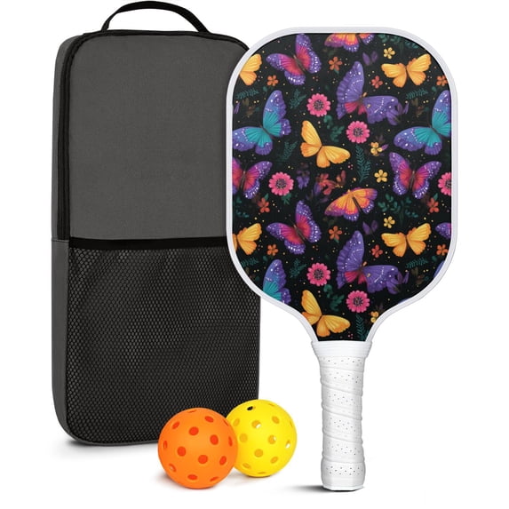 Pickleball Paddles Set Of 1, Fiberglass Surface, Butterfly Print, 1 Paddle, 2 Balls & Bag
