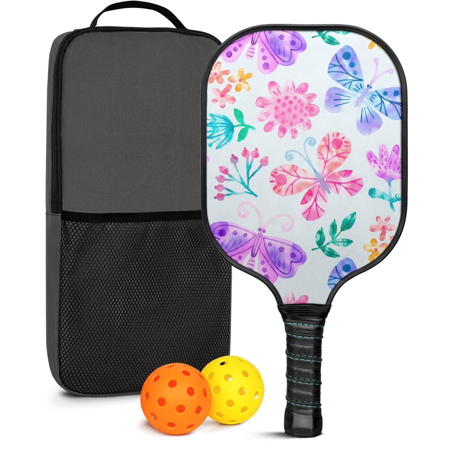 Pickleball Paddles Set Of 1, Fiberglass Surface, Butterfly Print, 1 Paddle, 2 Balls & Bag