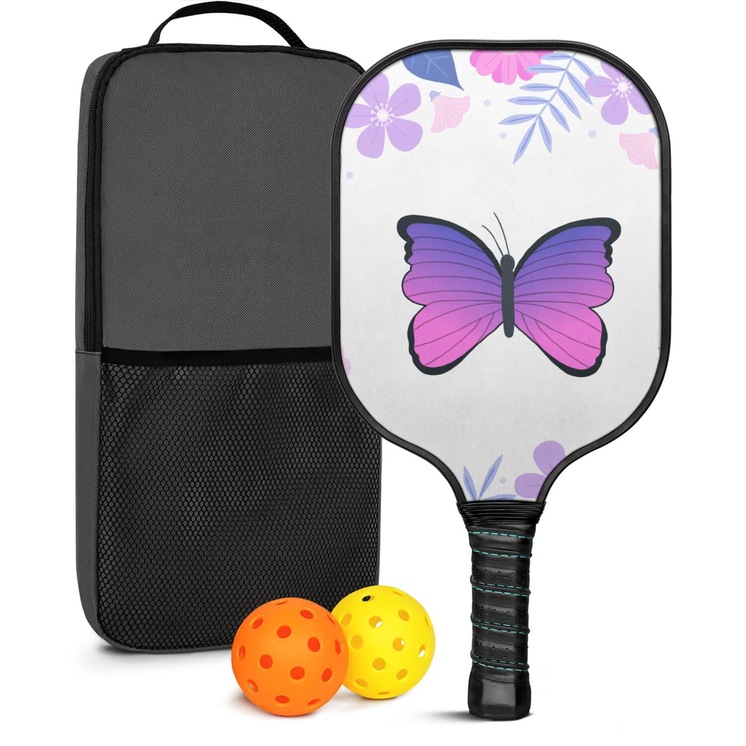 Pickleball Paddles Set Of 1, Fiberglass Surface, Butterfly Print, 1 Paddle, 2 Balls & Bag