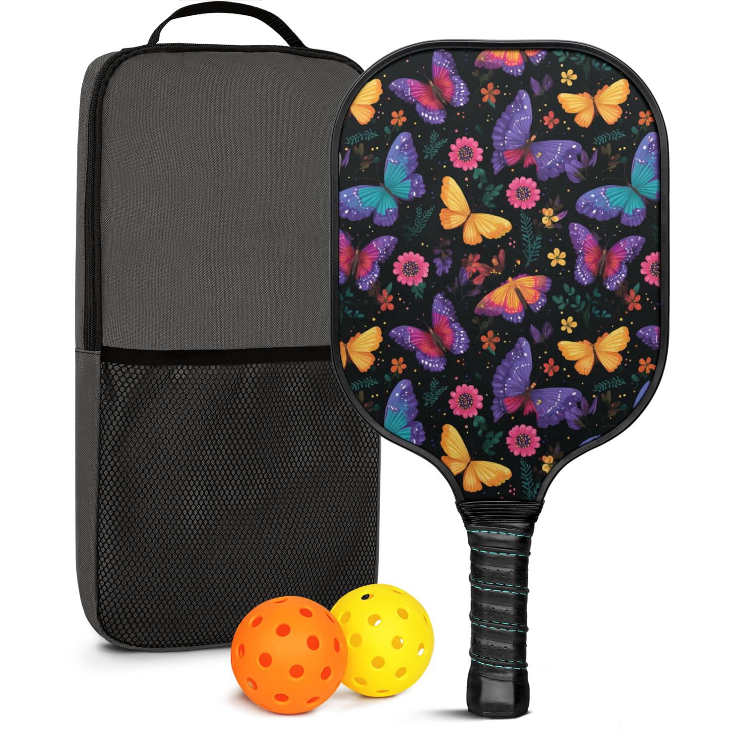 Pickleball Paddles Set Of 1, Fiberglass Surface, Butterfly Print, 1 Paddle, 2 Balls & Bag