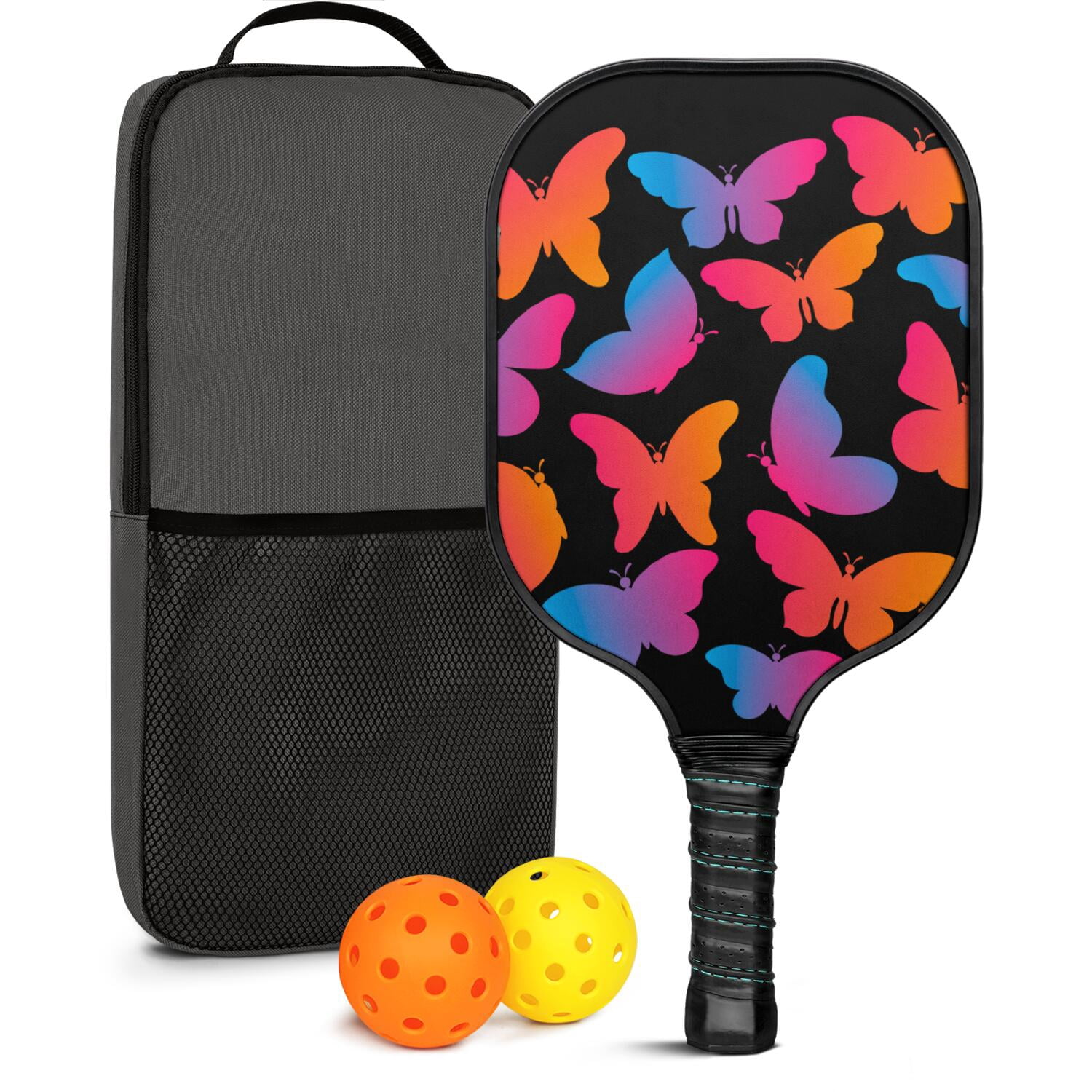 Pickleball Paddles Set Of 1, Fiberglass Surface, Butterfly Print, 1 Paddle, 2 Balls & Bag