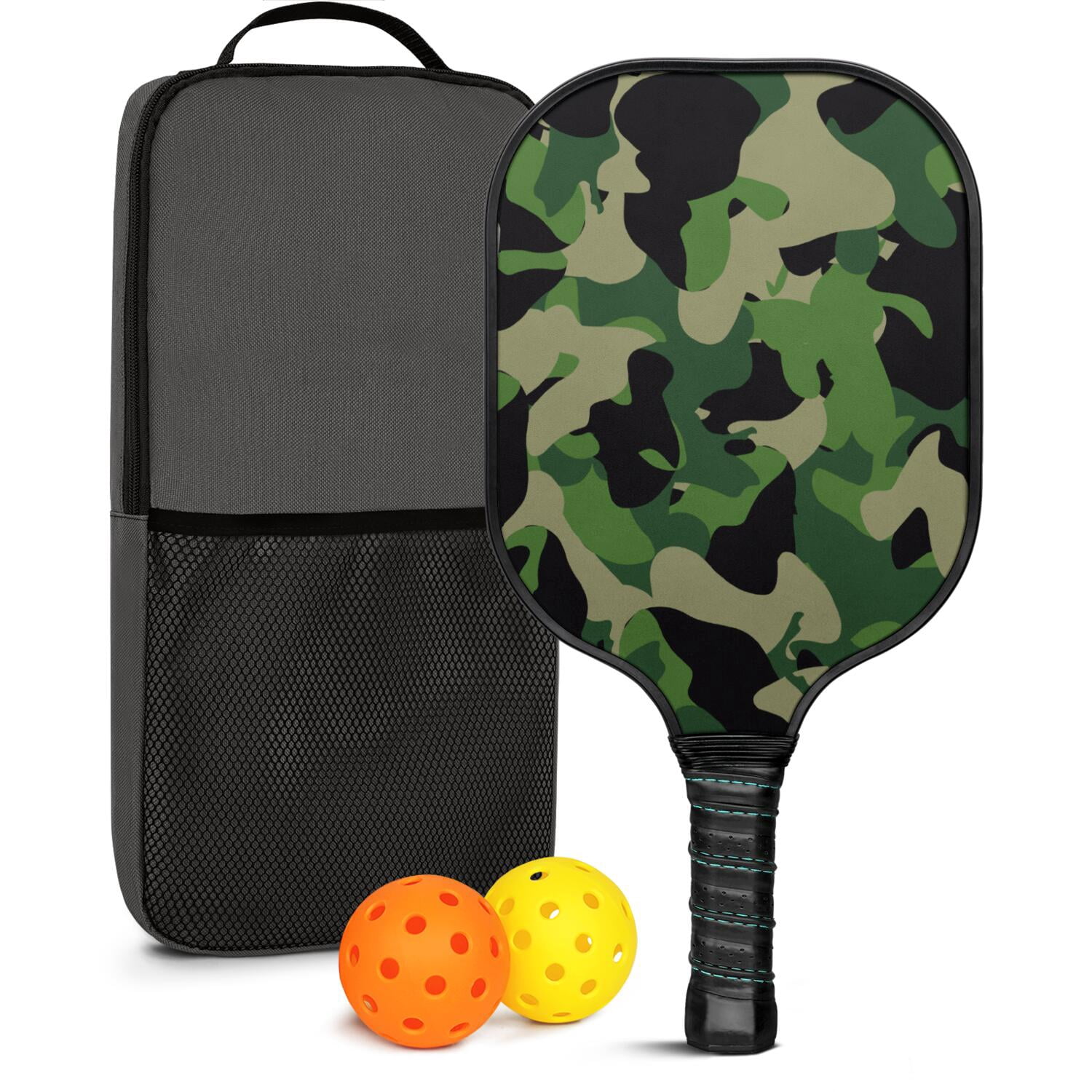 Pickleball Paddles Set Of 1, Fiberglass Surface, Camouflage Print, 1 Paddle, 2 Balls & Bag