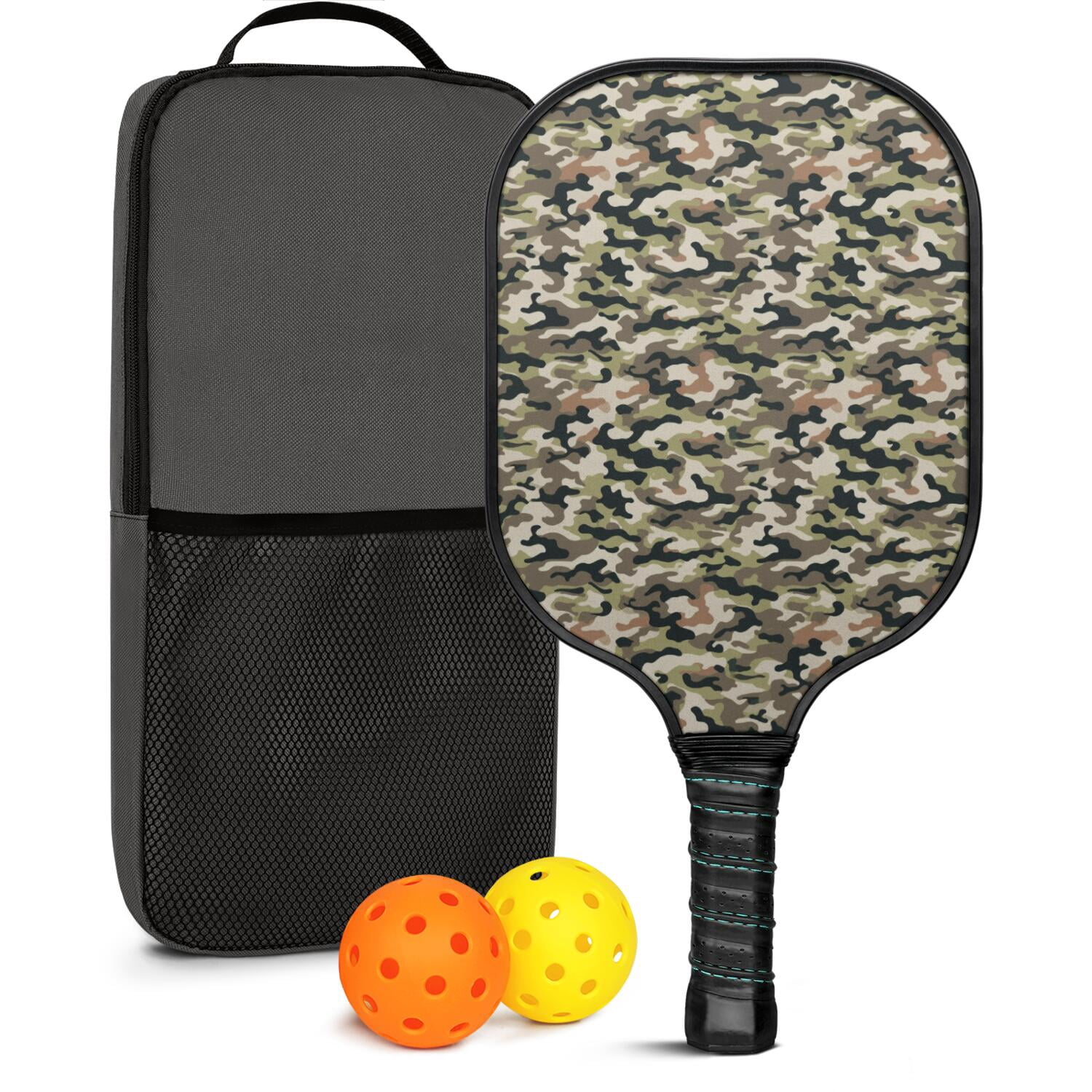 Pickleball Paddles Set Of 1, Fiberglass Surface, Camouflage Print, 1 Paddle, 2 Balls & Bag