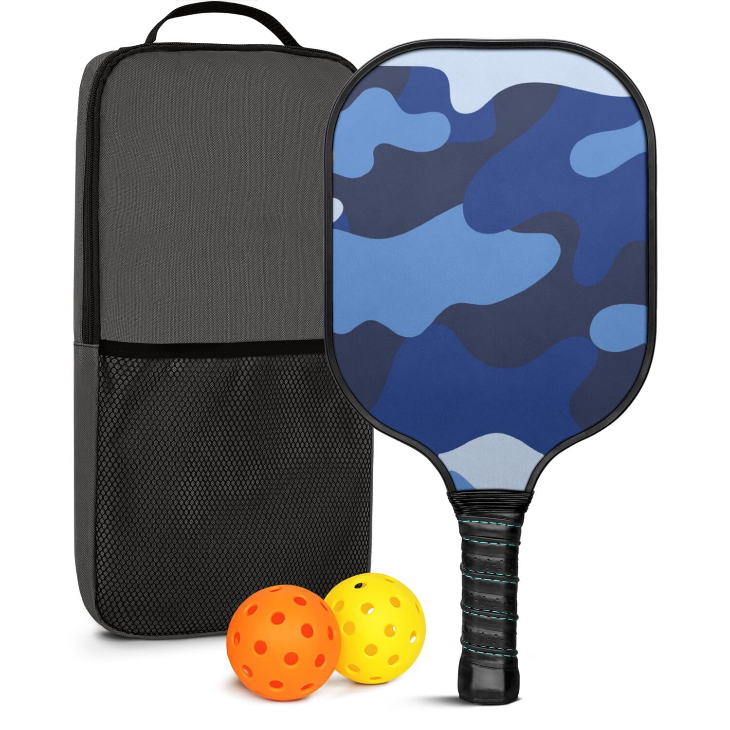 Pickleball Paddles Set Of 1, Fiberglass Surface, Camouflage Print, 1 Paddle, 2 Balls & Bag