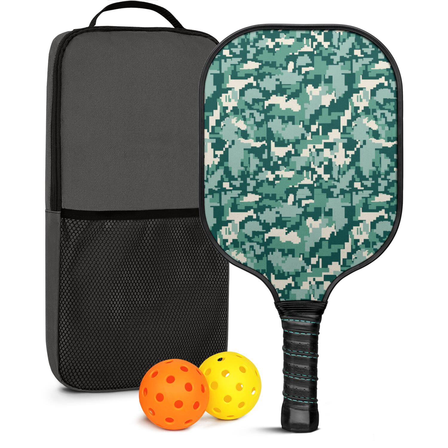 Pickleball Paddles Set Of 1, Fiberglass Surface, Camouflage Print, 1 Paddle, 2 Balls & Bag