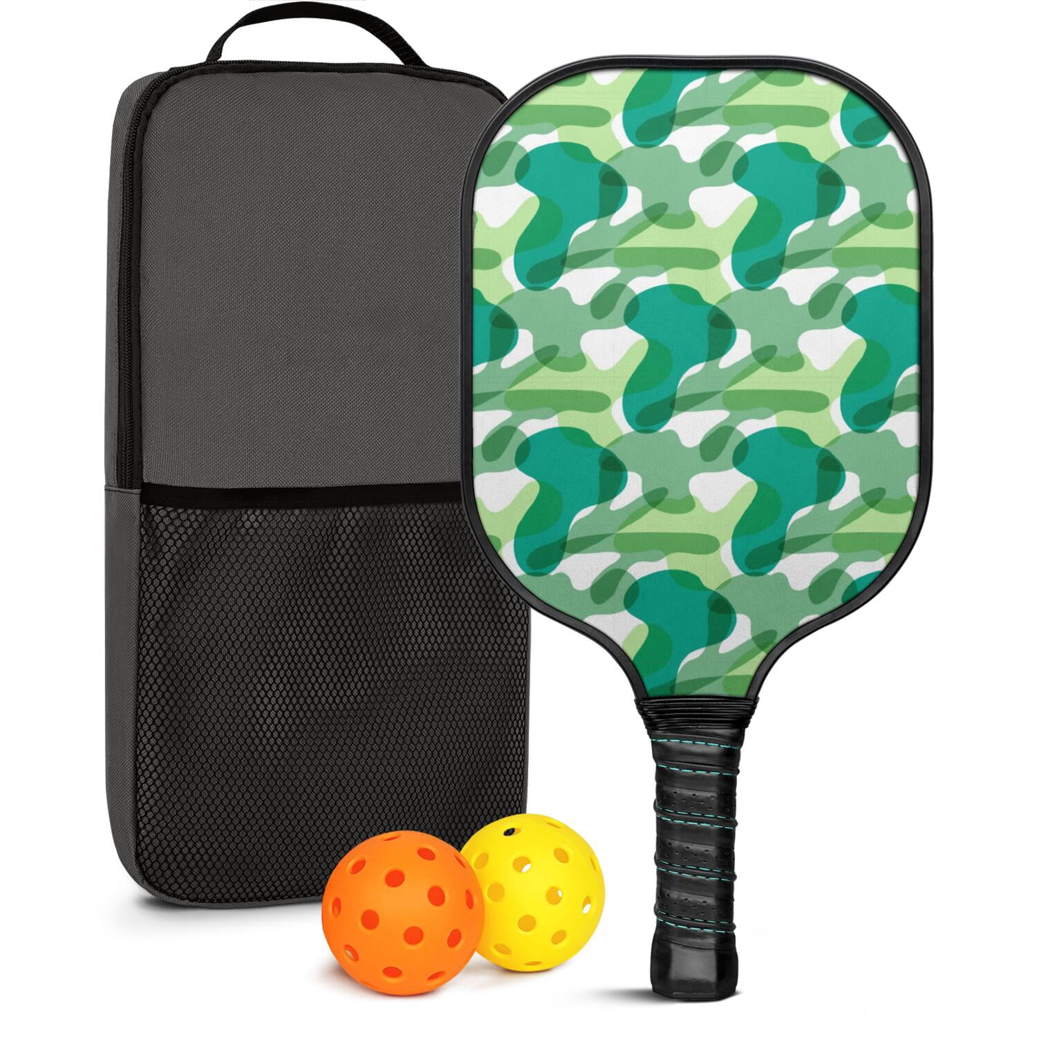 Pickleball Paddles Set Of 1, Fiberglass Surface, Camouflage Print, 1 Paddle, 2 Balls & Bag