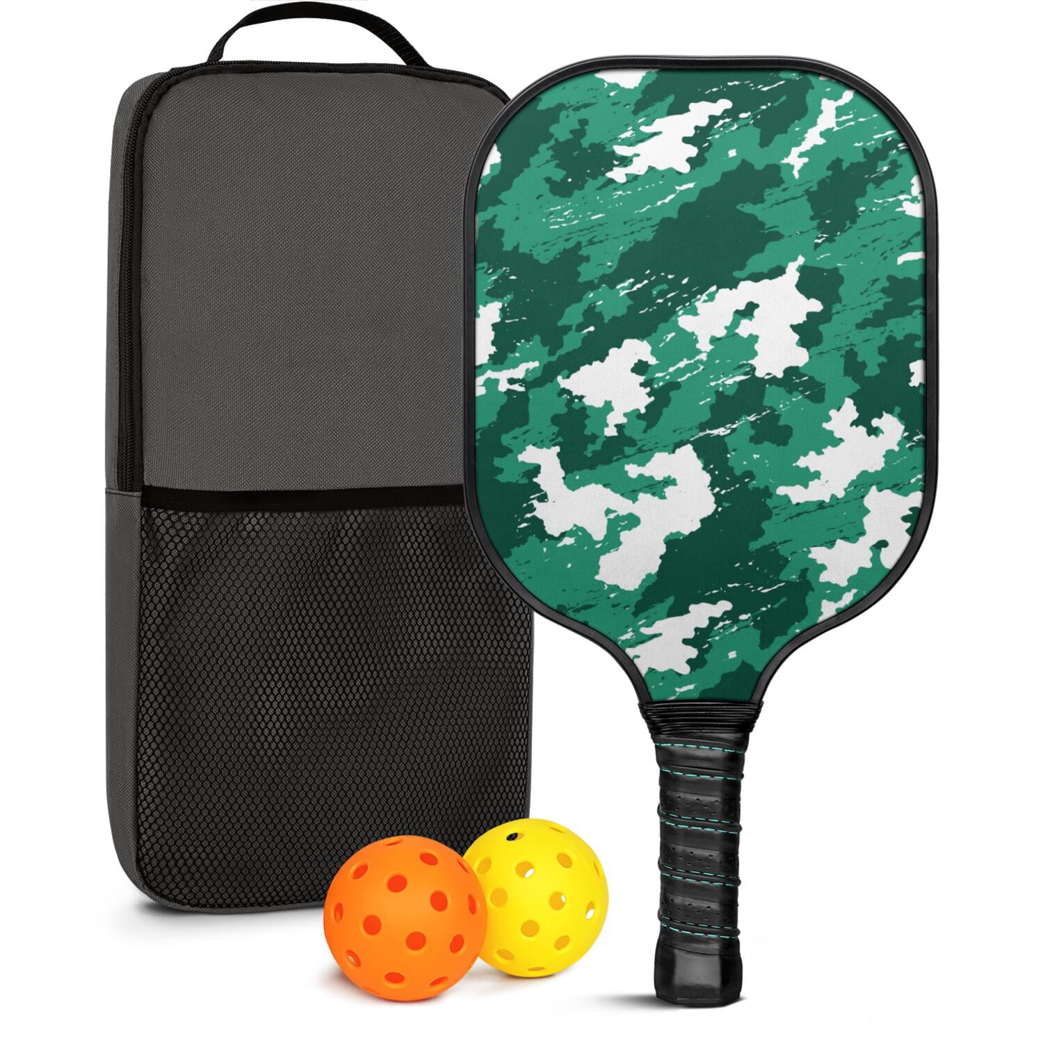 Pickleball Paddles Set Of 1, Fiberglass Surface, Camouflage Print, 1 Paddle, 2 Balls & Bag