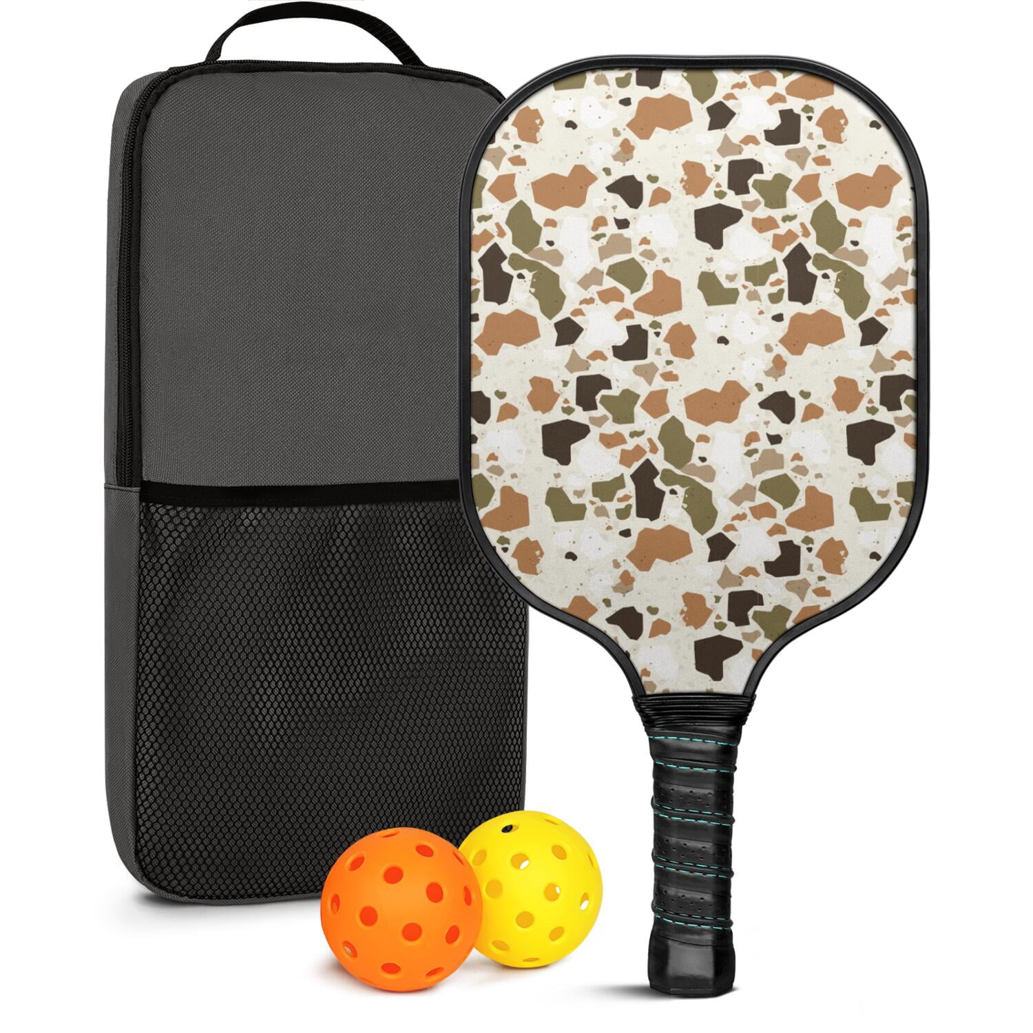 Pickleball Paddles Set Of 1, Fiberglass Surface, Camouflage Print, 1 Paddle, 2 Balls & Bag