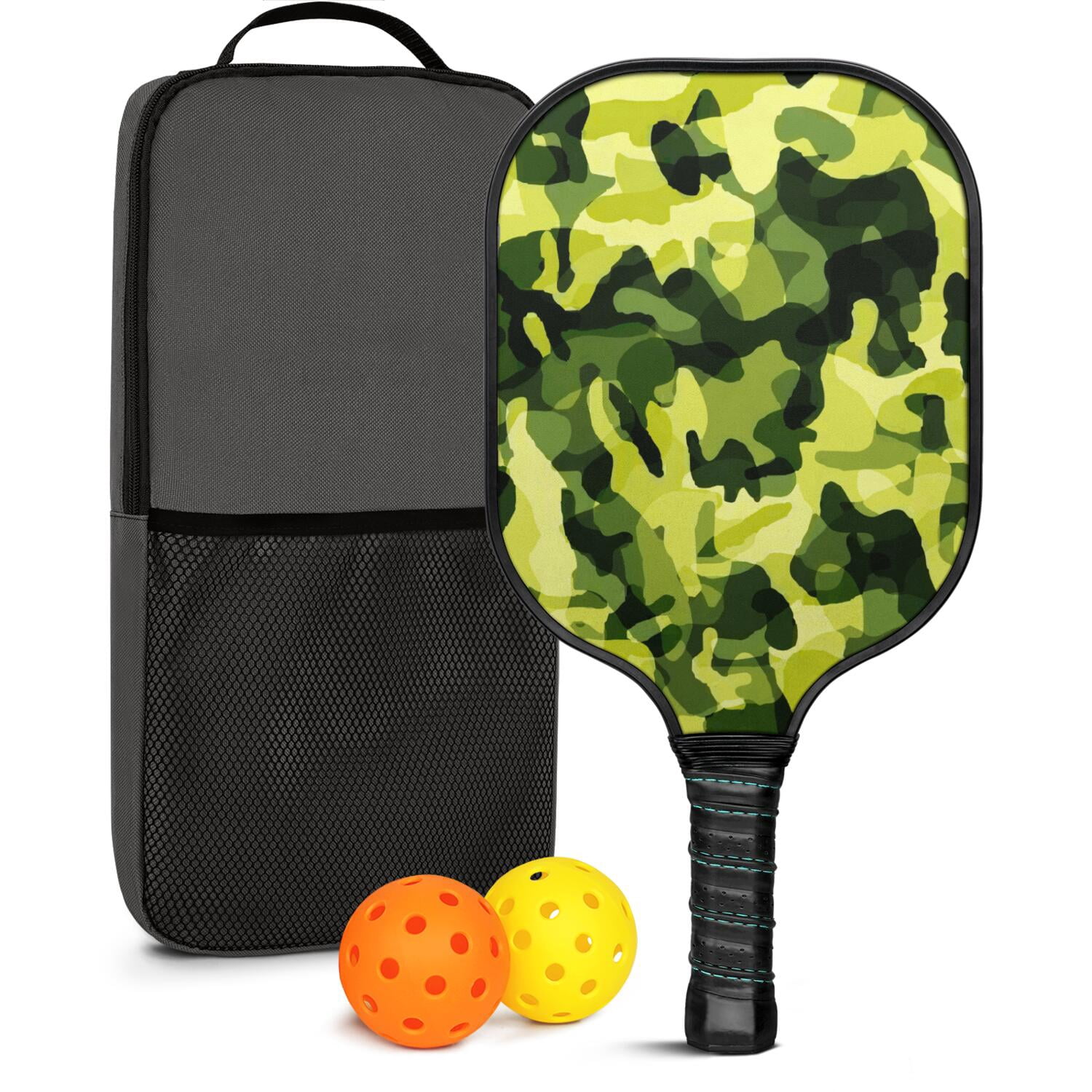 Pickleball Paddles Set Of 1, Fiberglass Surface, Camouflage Print, 1 Paddle, 2 Balls & Bag