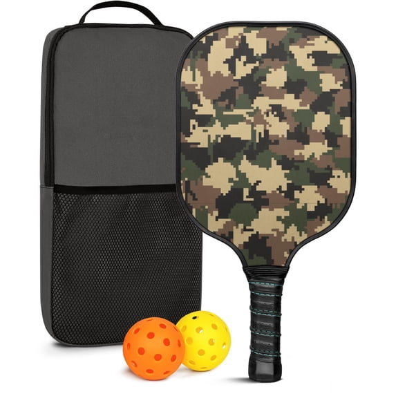 Pickleball Paddles Set Of 1, Fiberglass Surface, Camouflage Print, 1 Paddle, 2 Balls & Bag