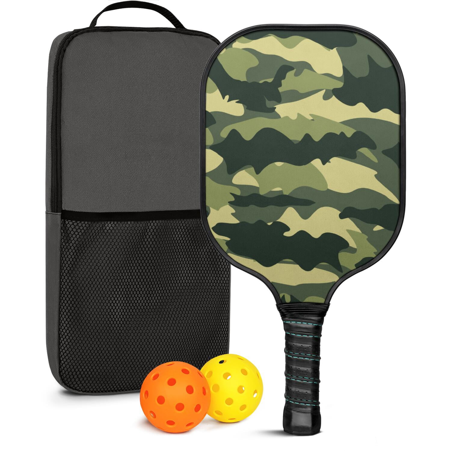Pickleball Paddles Set Of 1, Fiberglass Surface, Camouflage Print, 1 Paddle, 2 Balls & Bag