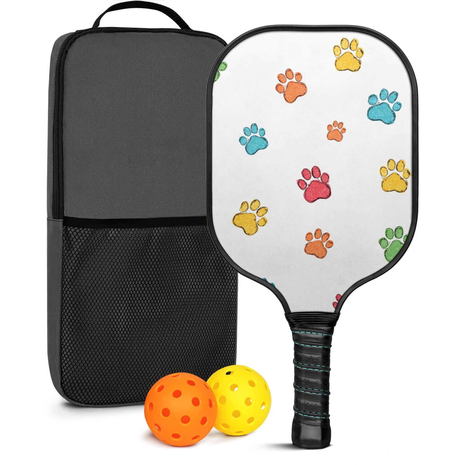 Pickleball Paddles Set Of 1, Fiberglass Surface, Cats & Dogs Print, 1 Paddle, 2 Balls & Bag