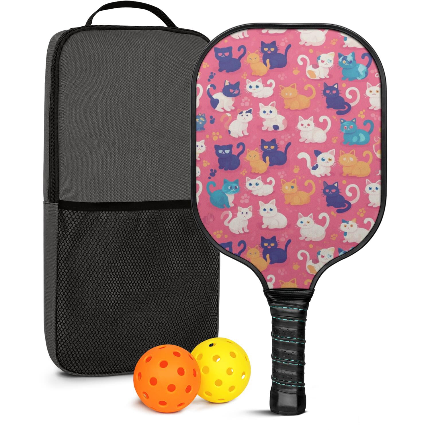 Pickleball Paddles Set Of 1, Fiberglass Surface, Cats & Dogs Print, 1 Paddle, 2 Balls & Bag