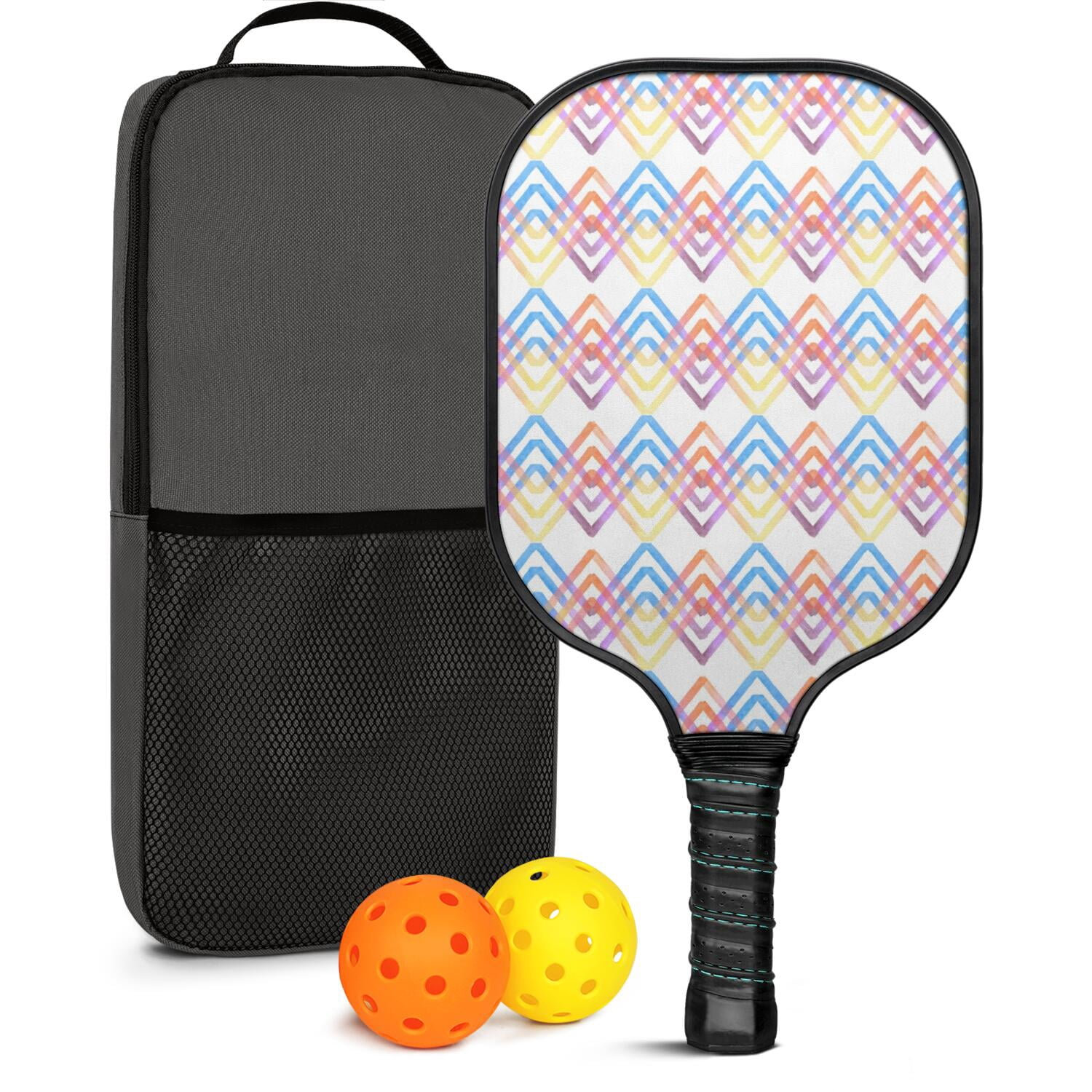 Pickleball Paddles Set Of 1, Fiberglass Surface, Colorful Lines Print, 1 Paddle, 2 Balls & Bag