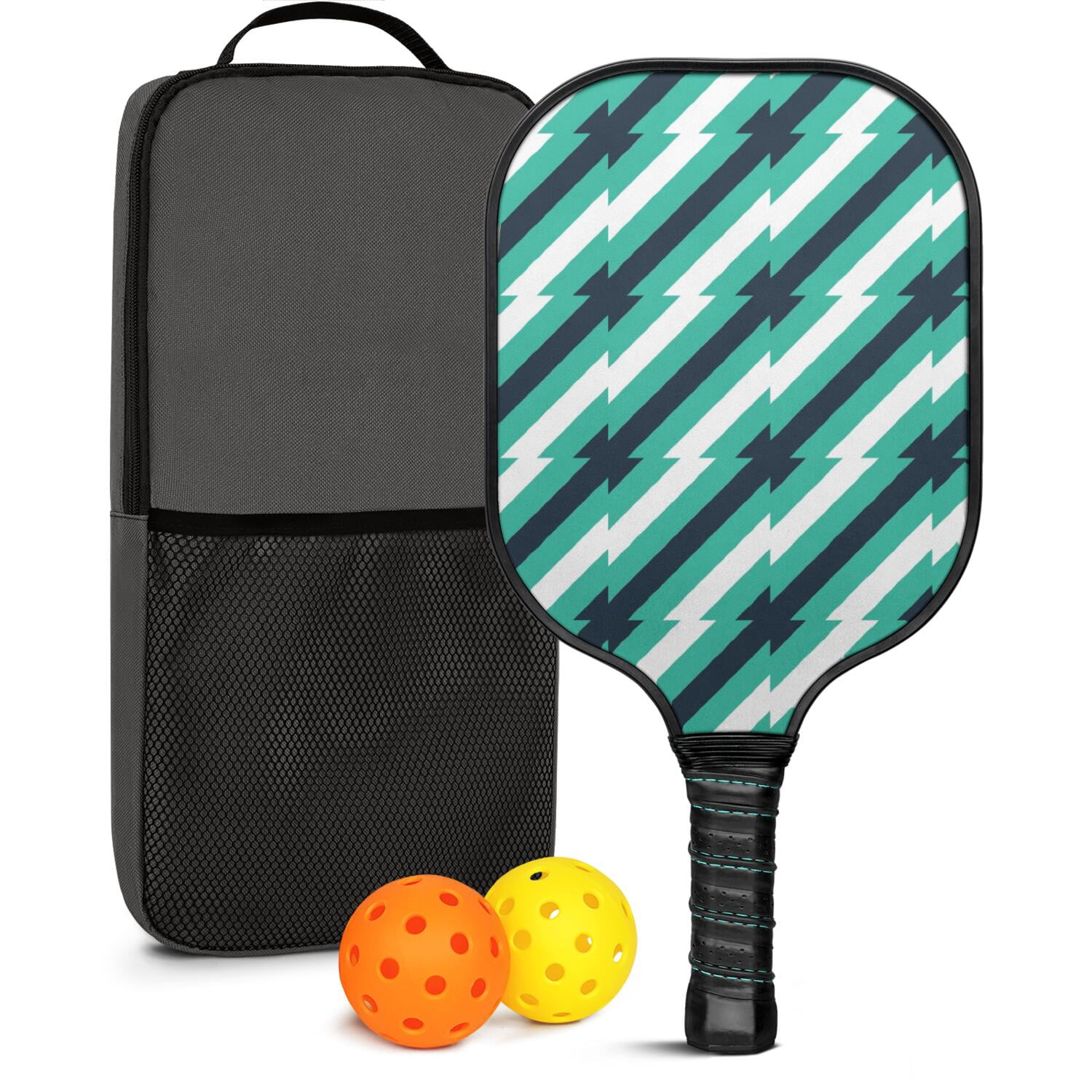 Pickleball Paddles Set Of 1, Fiberglass Surface, Colorful Lines Print, 1 Paddle, 2 Balls & Bag