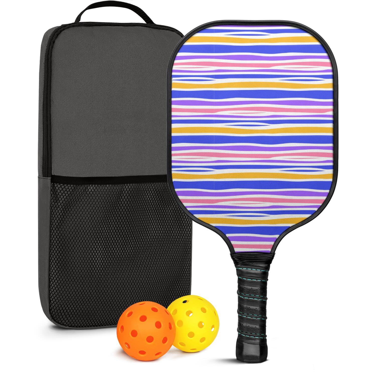 Pickleball Paddles Set Of 1, Fiberglass Surface, Colorful Lines Print, 1 Paddle, 2 Balls & Bag