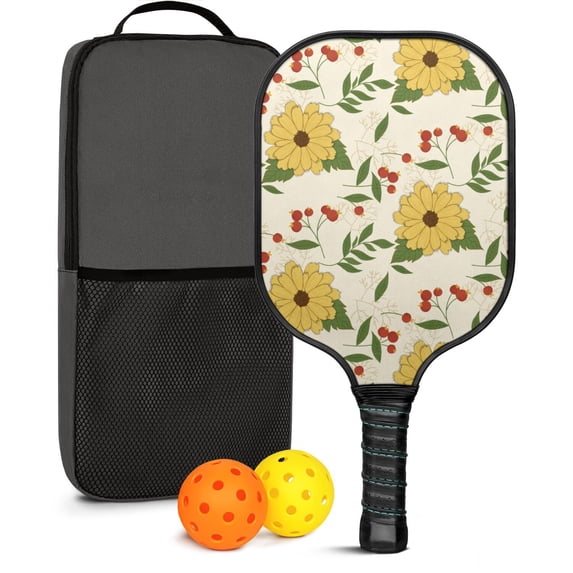 Pickleball Paddles Set Of 1, Fiberglass Surface, Daisy Floral Print, 1 Paddle, 2 Balls & Bag
