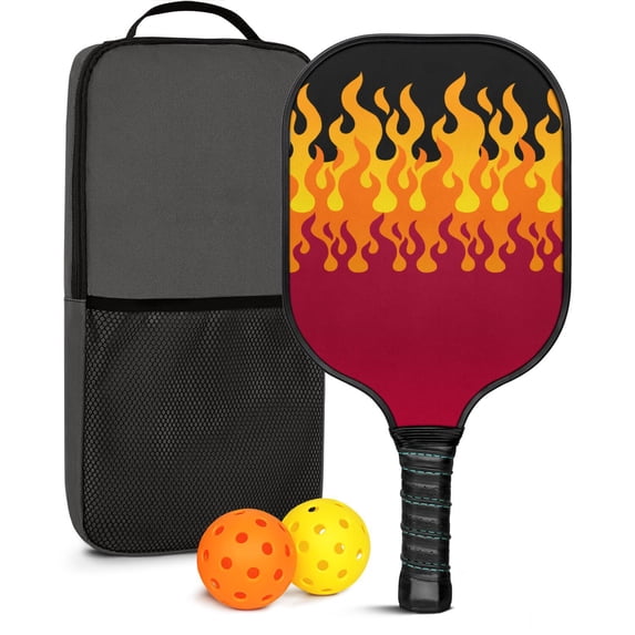 Pickleball Paddles Set Of 1, Fiberglass Surface, Flame, Fire Print, 1 Paddle, 2 Balls & Bag