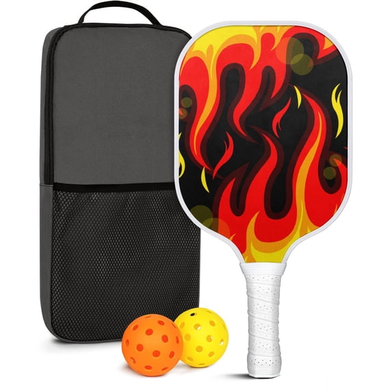 Pickleball Paddles Set Of 1, Fiberglass Surface, Flame, Fire Print, 1 Paddle, 2 Balls & Bag