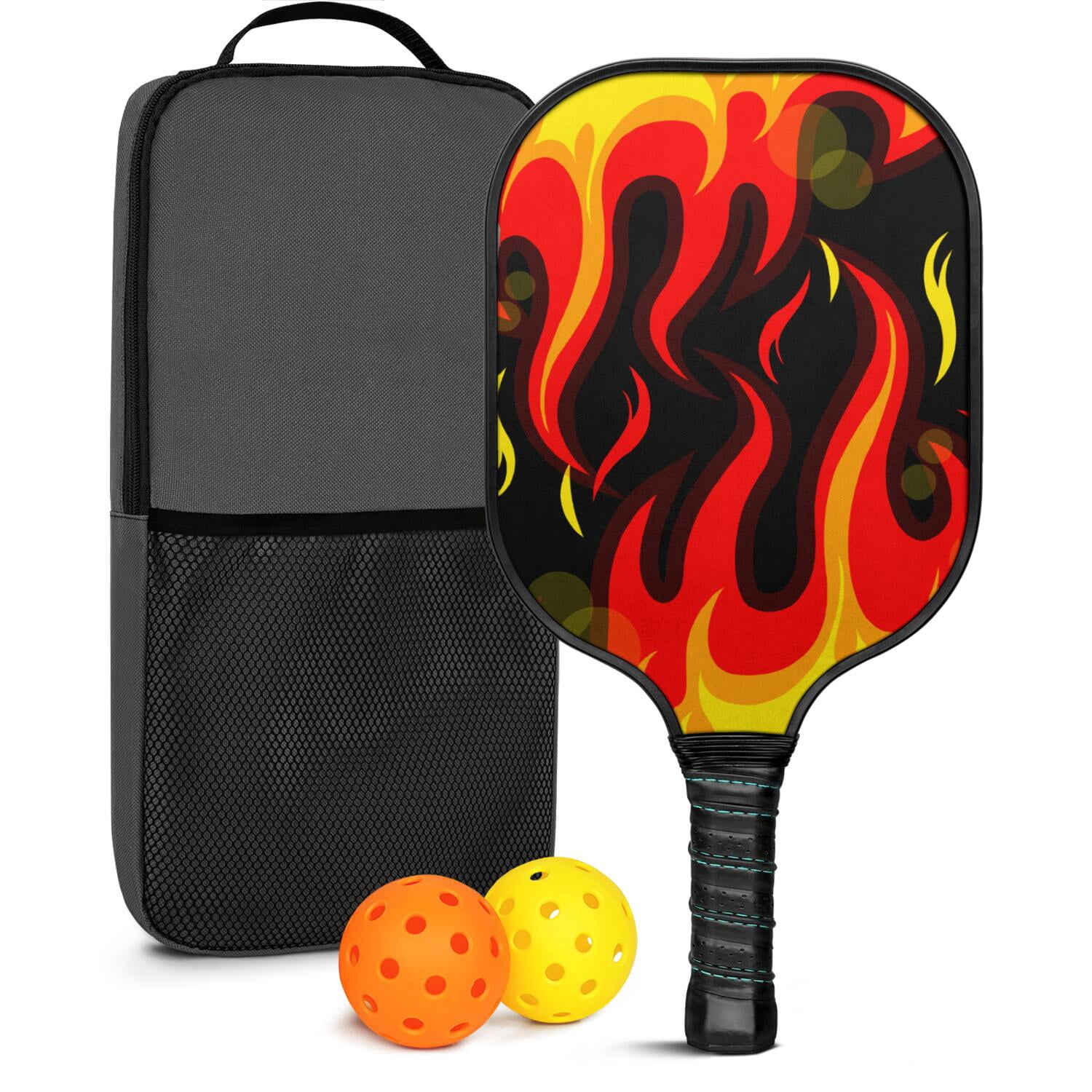 Pickleball Paddles Set Of 1, Fiberglass Surface, Flame, Fire Print, 1 Paddle, 2 Balls & Bag