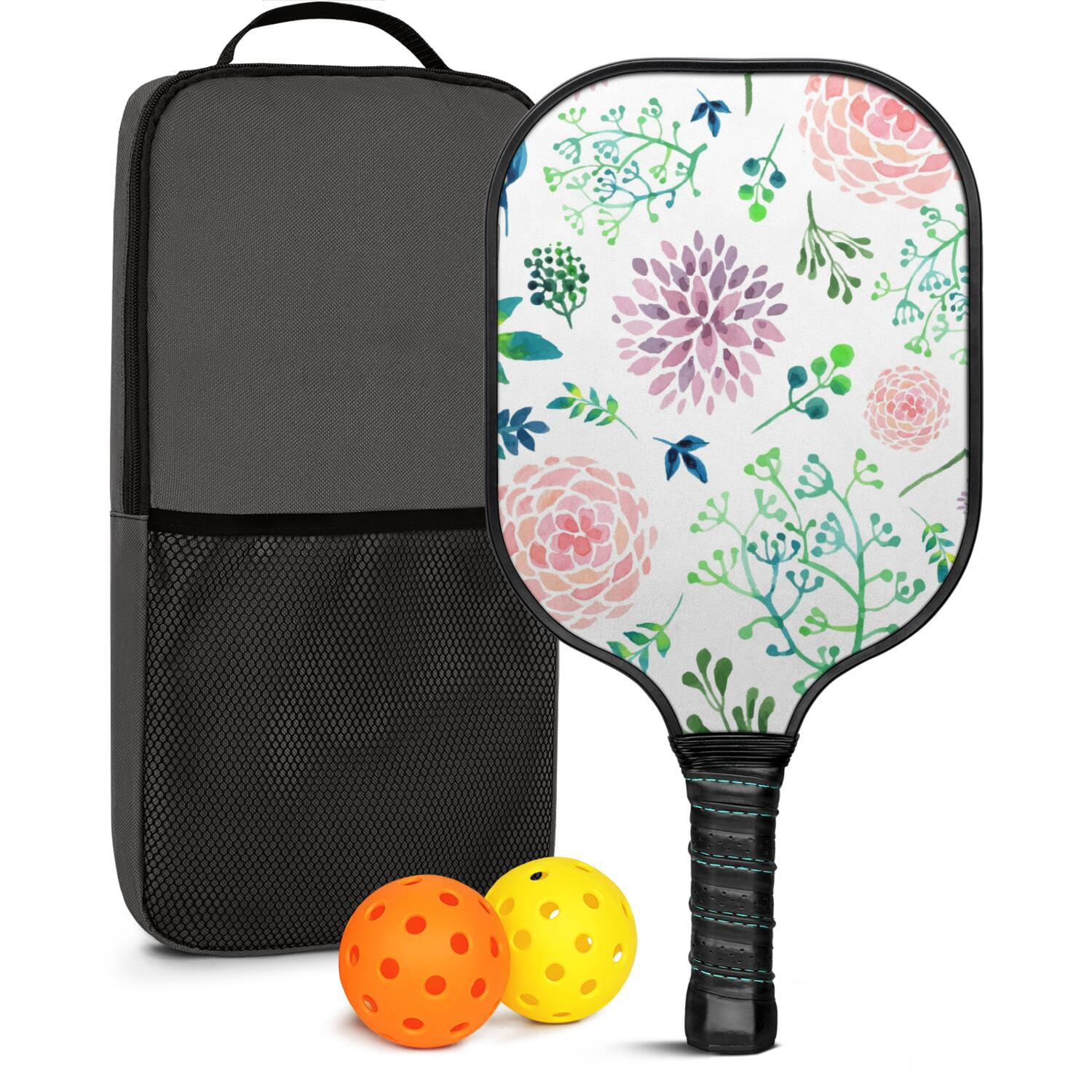 Pickleball Paddles Set Of 1, Fiberglass Surface, Floral, Flowers Print, 1 Paddle, 2 Balls & Bag