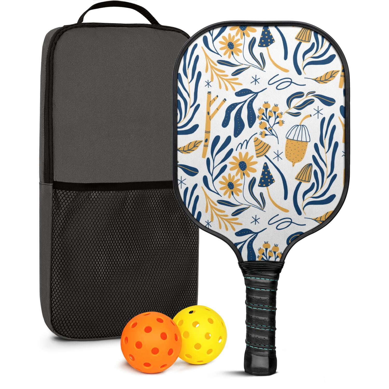 Pickleball Paddles Set Of 1, Fiberglass Surface, Floral, Flowers Print, 1 Paddle, 2 Balls & Bag