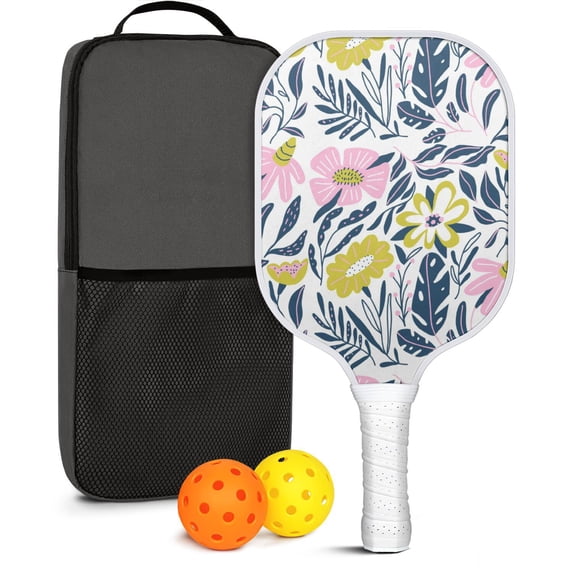 Pickleball Paddles Set Of 1, Fiberglass Surface, Floral, Flowers Print, 1 Paddle, 2 Balls & Bag
