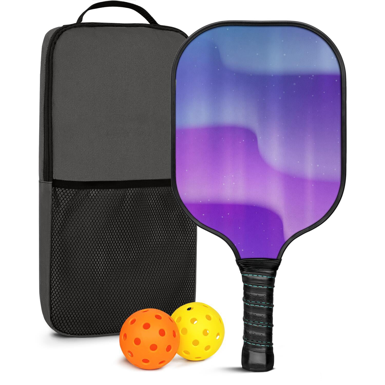Pickleball Paddles Set Of 1, Fiberglass Surface, Fluid Smoke Aurora Art Style, 1 Paddle, 2 Balls & Bag