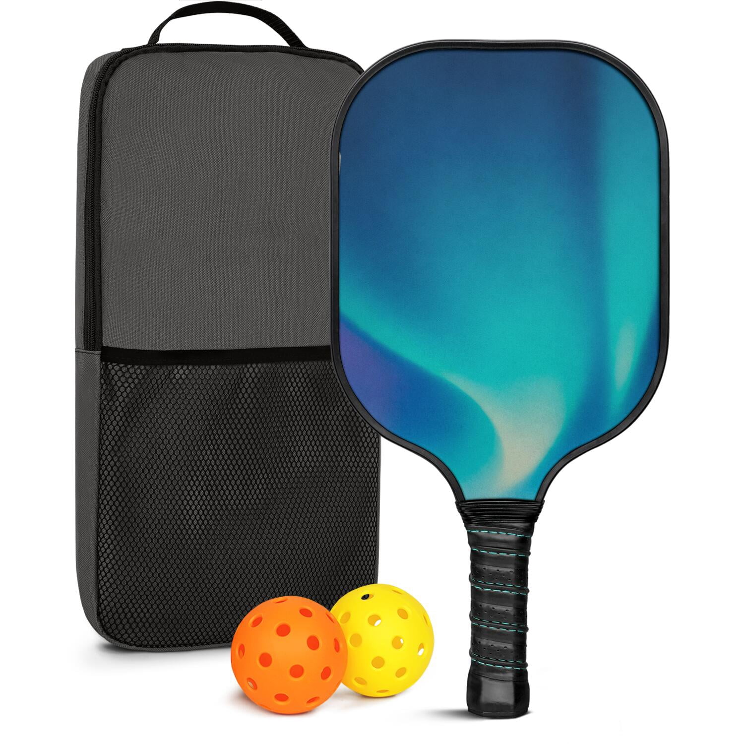 Pickleball Paddles Set Of 1, Fiberglass Surface, Fluid Smoke Aurora Art Style, 1 Paddle, 2 Balls & Bag