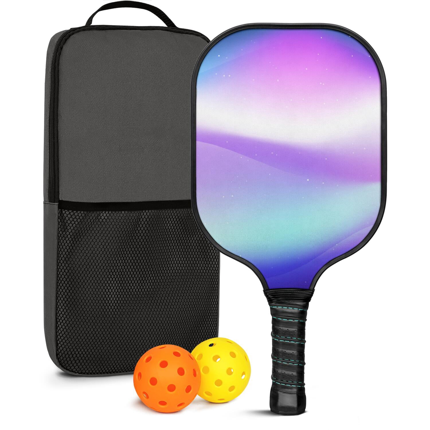 Pickleball Paddles Set Of 1, Fiberglass Surface, Fluid Smoke Aurora Art Style, 1 Paddle, 2 Balls & Bag