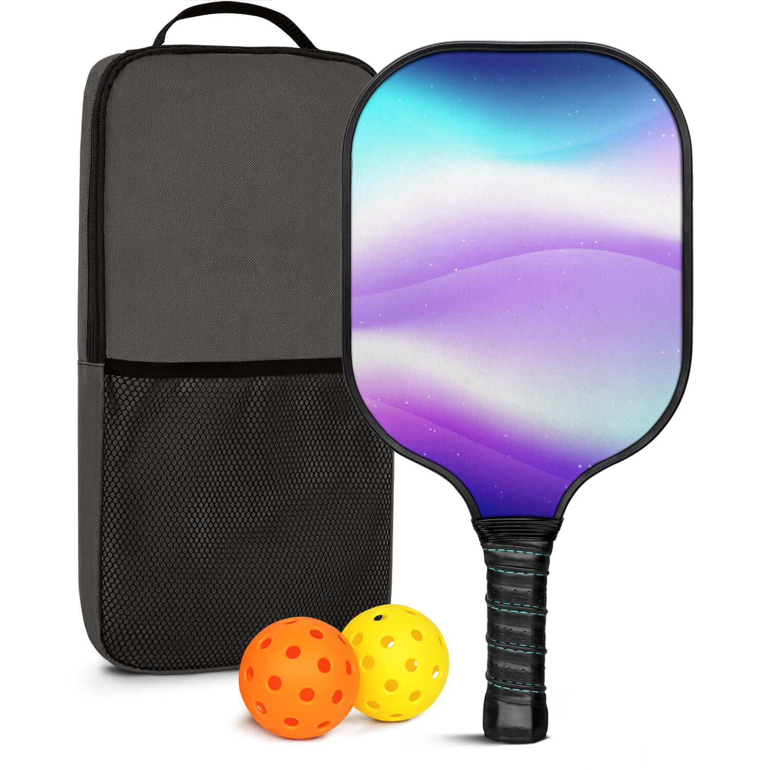 Pickleball Paddles Set Of 1, Fiberglass Surface, Fluid Smoke Aurora Art Style, 1 Paddle, 2 Balls & Bag