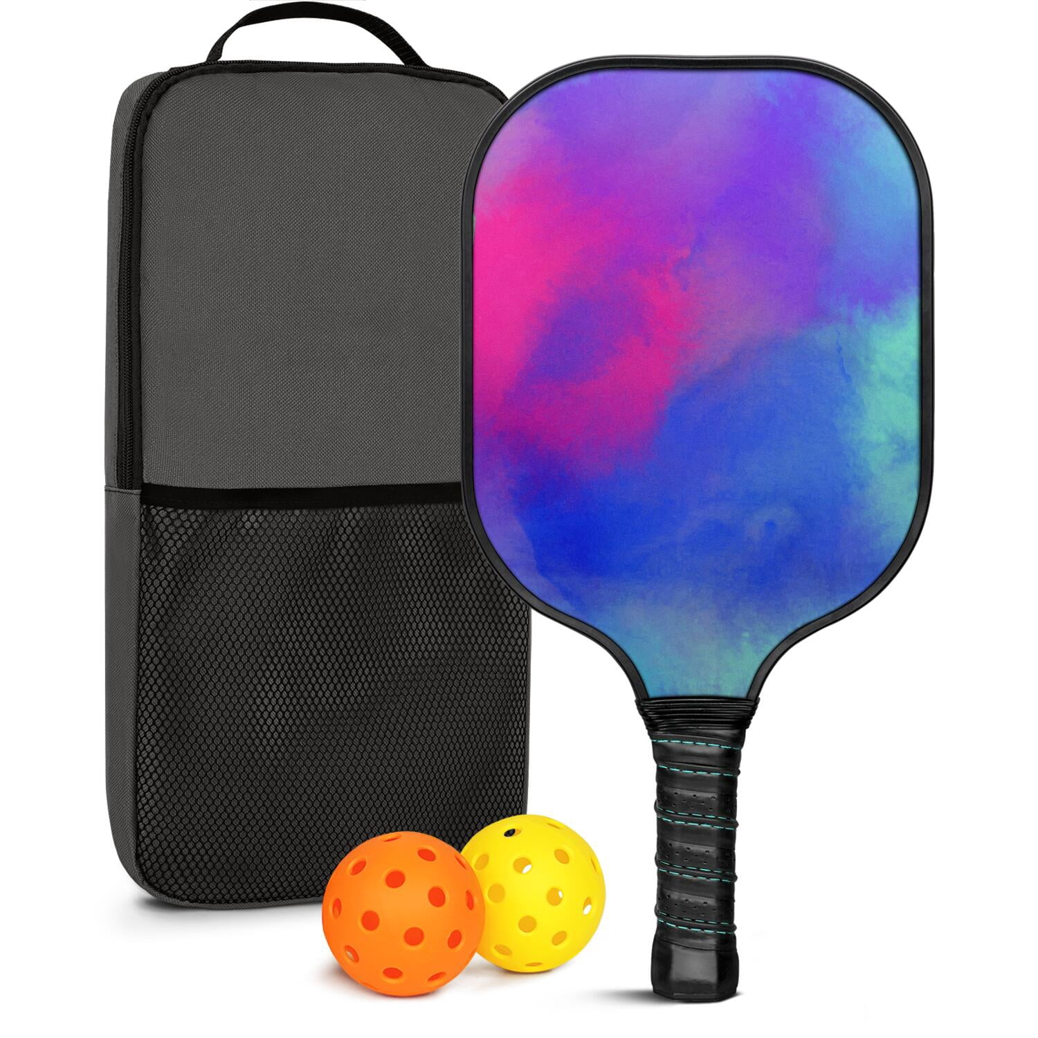 Pickleball Paddles Set Of 1, Fiberglass Surface, Fluid Smoke Aurora Art Style, 1 Paddle, 2 Balls & Bag