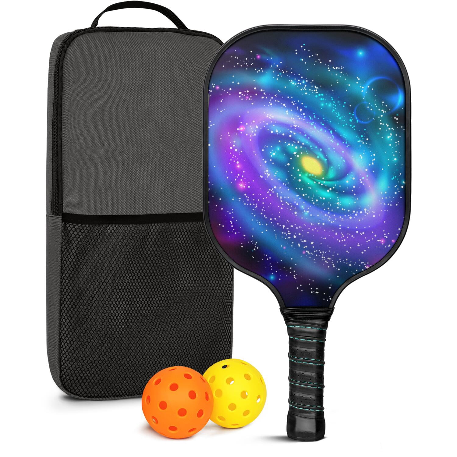 Pickleball Paddles Set Of 1, Fiberglass Surface, Galaxy, Universe, Starry Sky Print, 1 Paddle, 2 Balls & Bag